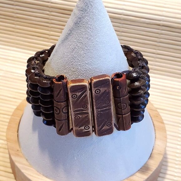 Vintage 90s Y2K Brown Tribal Patterns Wood Acrylic OSFA Adjustable Bracelet - Picture 4 of 10